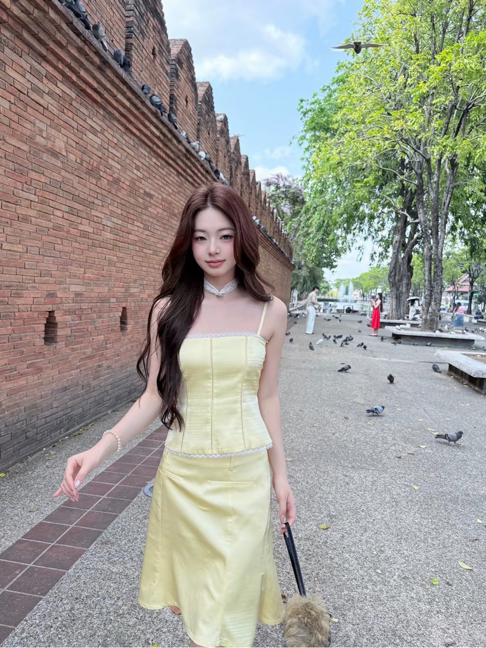 Yellow Satin Top & Skirt Set